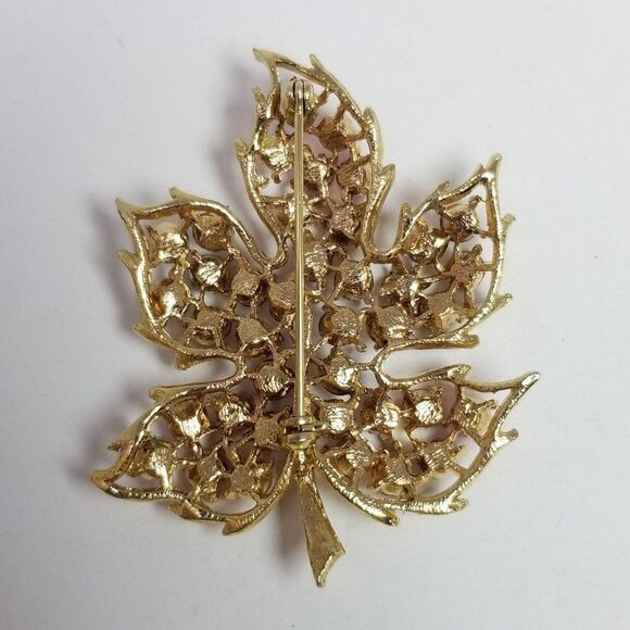 Vintage Pink Purple Rhinestone Leaf Shape Brooch Pastel Gold Tone Setting Estate - Picture 3 of 6